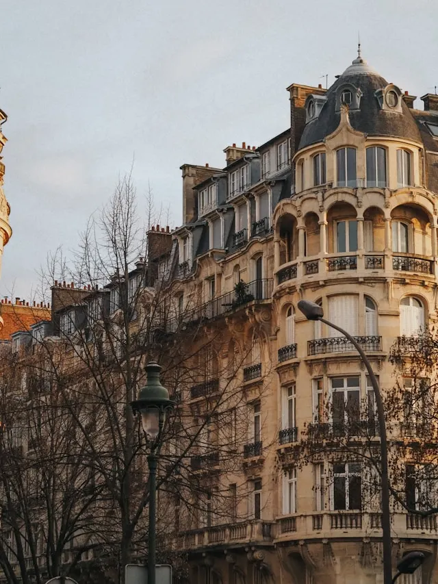 Immeuble haussmannien parisien avec dôme caractéristique, façade en pierre de taille, balcons en fer forgé et lampadaire traditionnel, sous un ciel hivernal gris à Paris